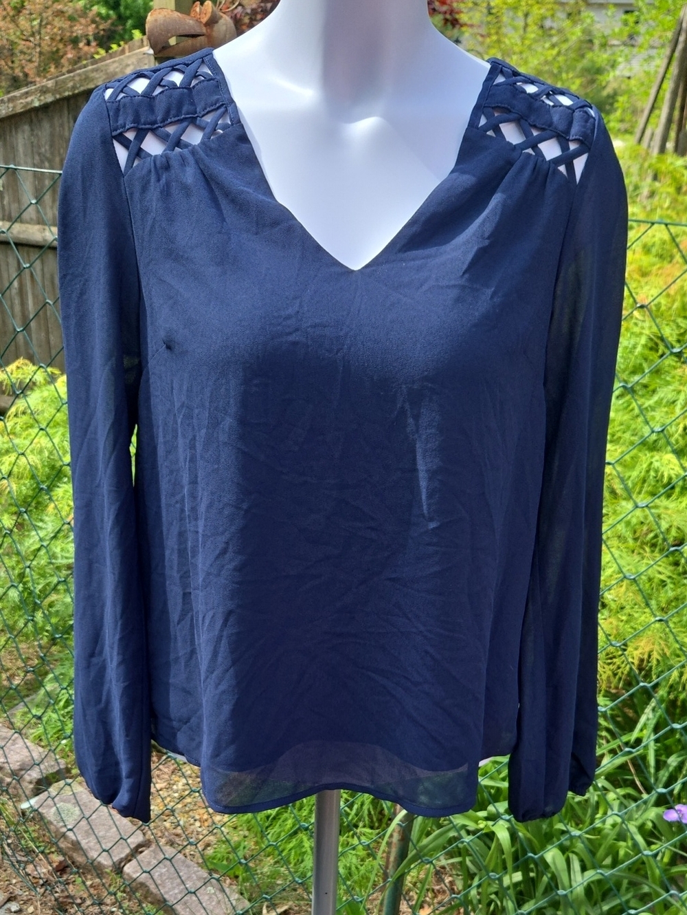 Navy Long-Sleeve V-Neck Blouse with Shoulder Cutouts